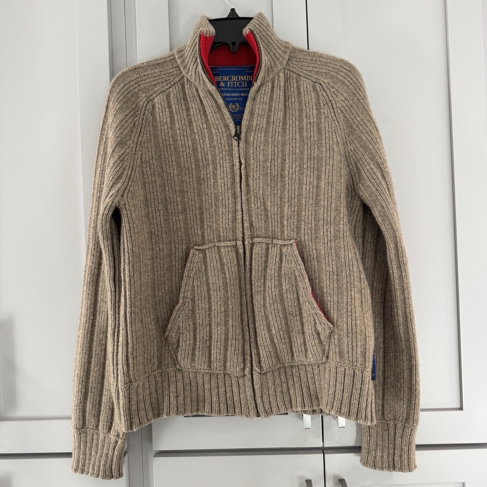ABERCROMBIE & FITCH Tan Wool Zip Front Cardigan Sweater Jacket‎ Mens Medium Y2K